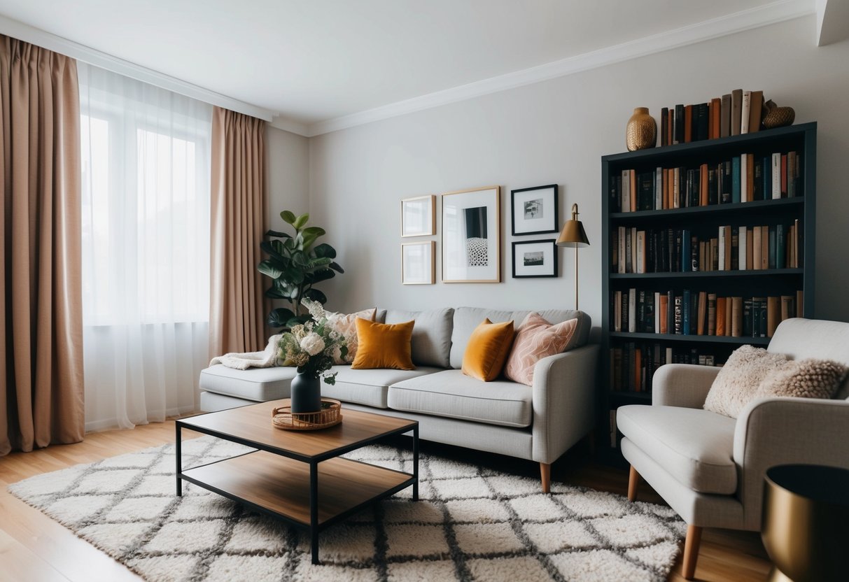 A cozy living room with a comfortable couch, a stylish coffee table, and a bookshelf filled with books and decorative items