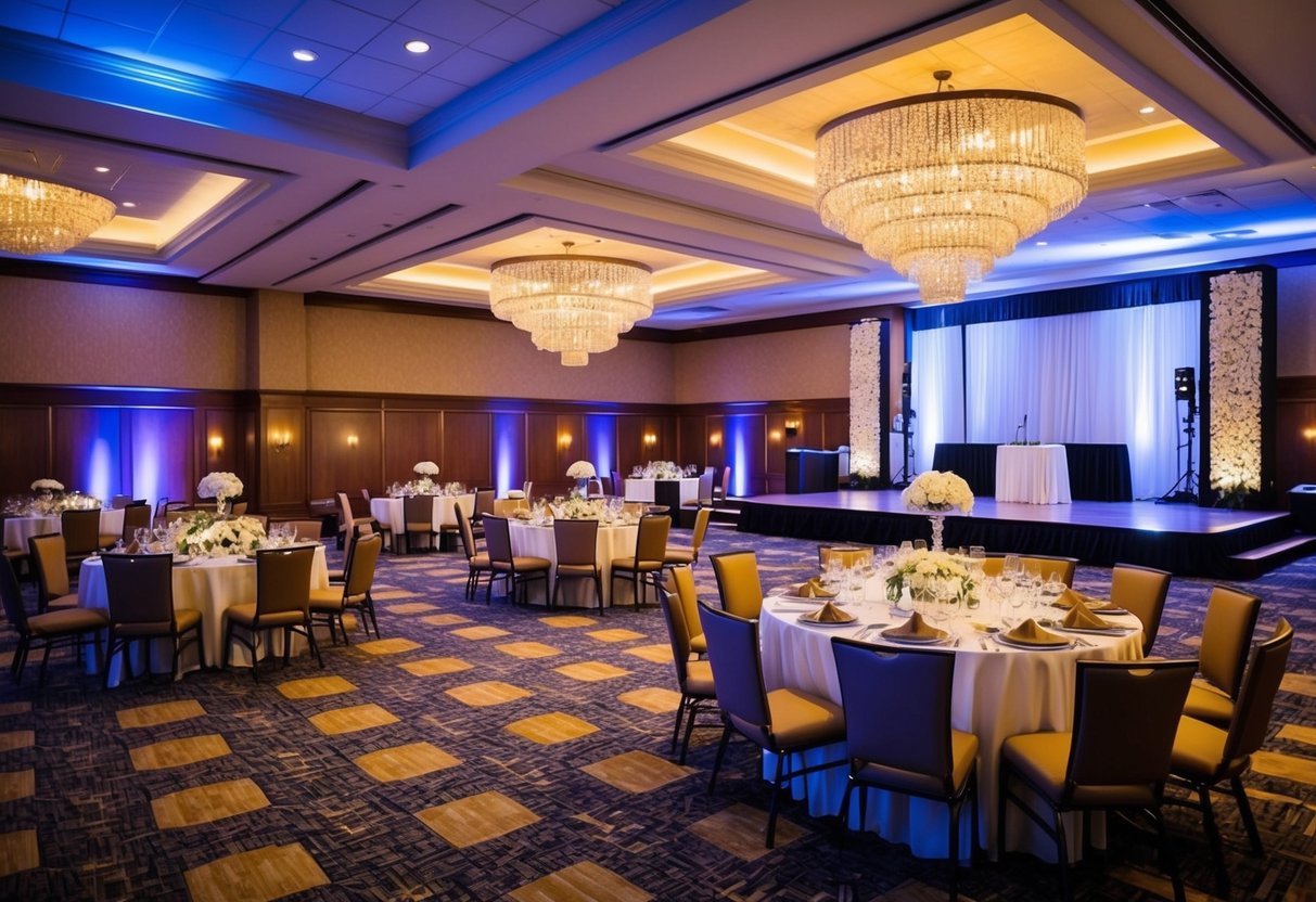 A decorated banquet hall with tables set for a formal dinner, and a separate area with a dance floor and stage for a wedding reception