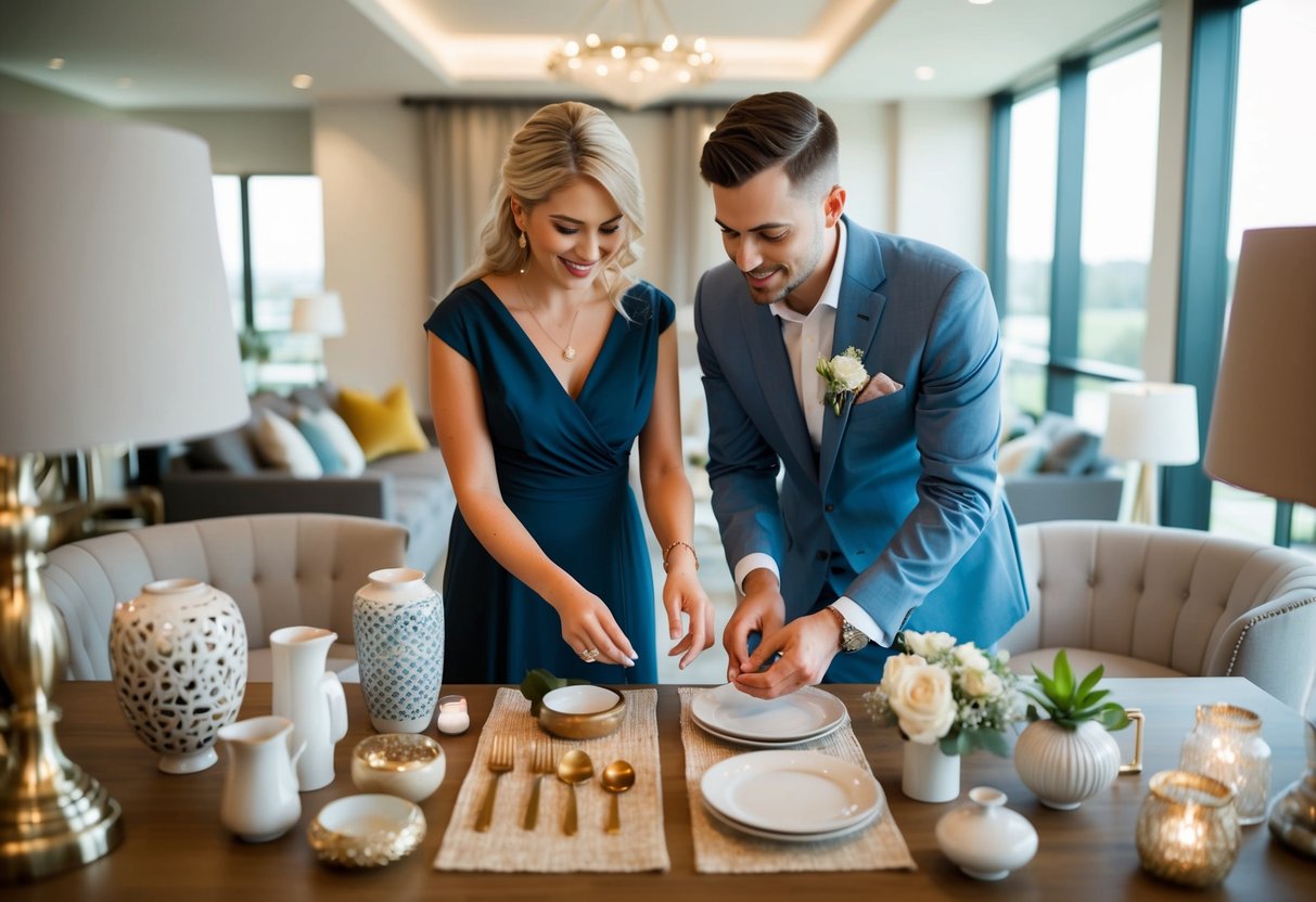 A couple carefully selects and arranges high-end furniture and decor items on a wedding registry, considering their placement and aesthetic appeal