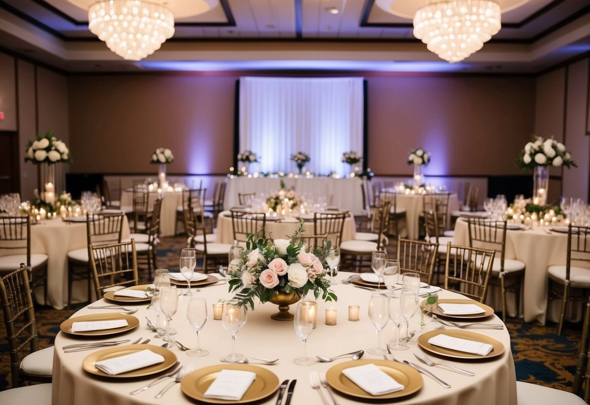 A beautifully decorated banquet hall with tables set for a wedding reception, complete with floral centerpieces and elegant place settings