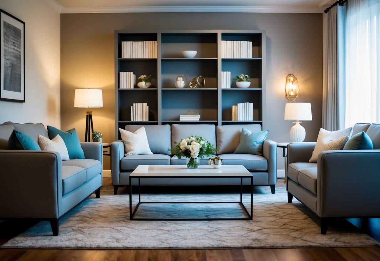 A cozy living room with a stylish sofa, elegant coffee table, and modern bookshelves, all beautifully arranged for a wedding registry illustration
