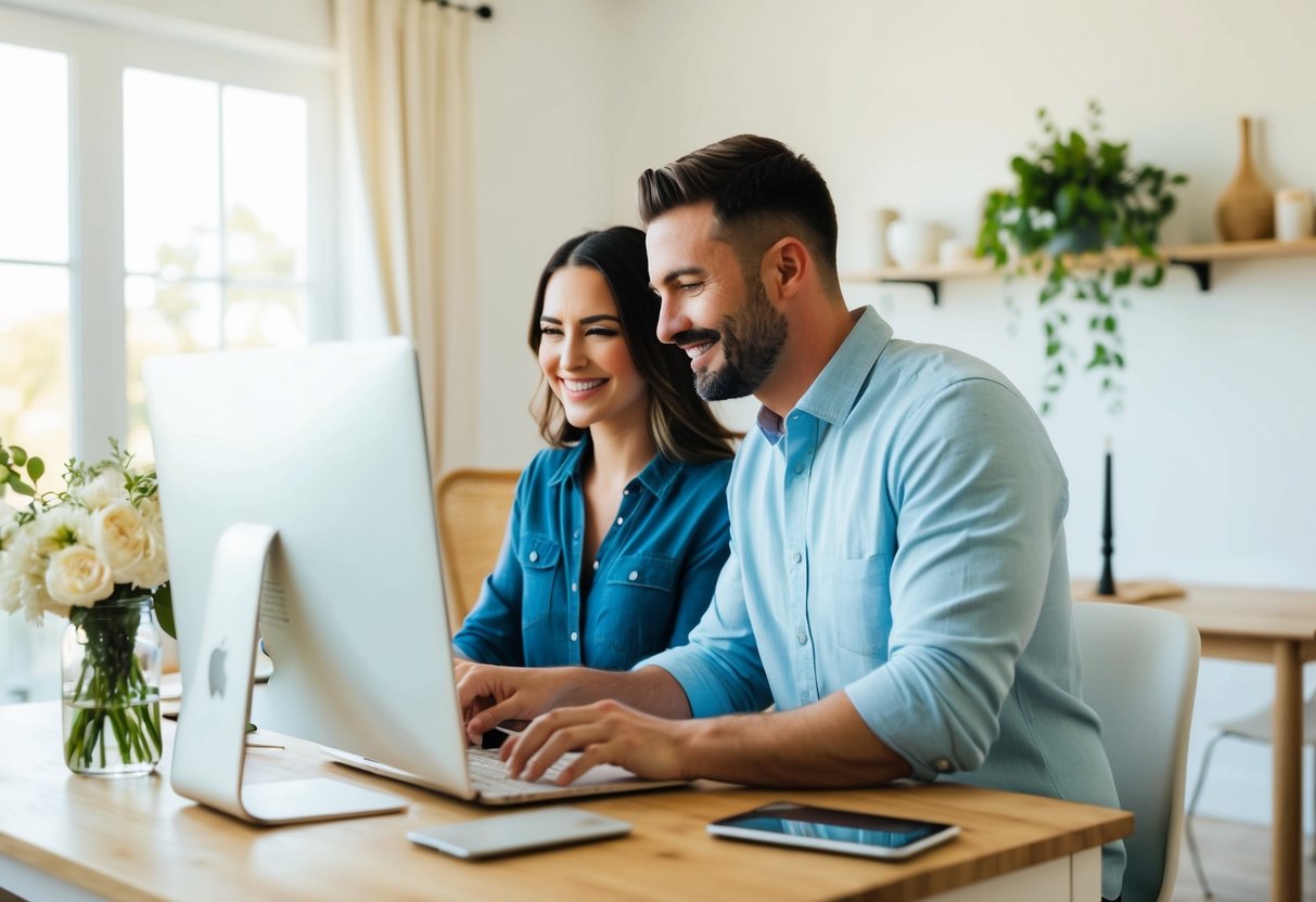 A couple sits at a computer, adding furniture to their wedding registry online. The room is bright and airy, with a cozy feel