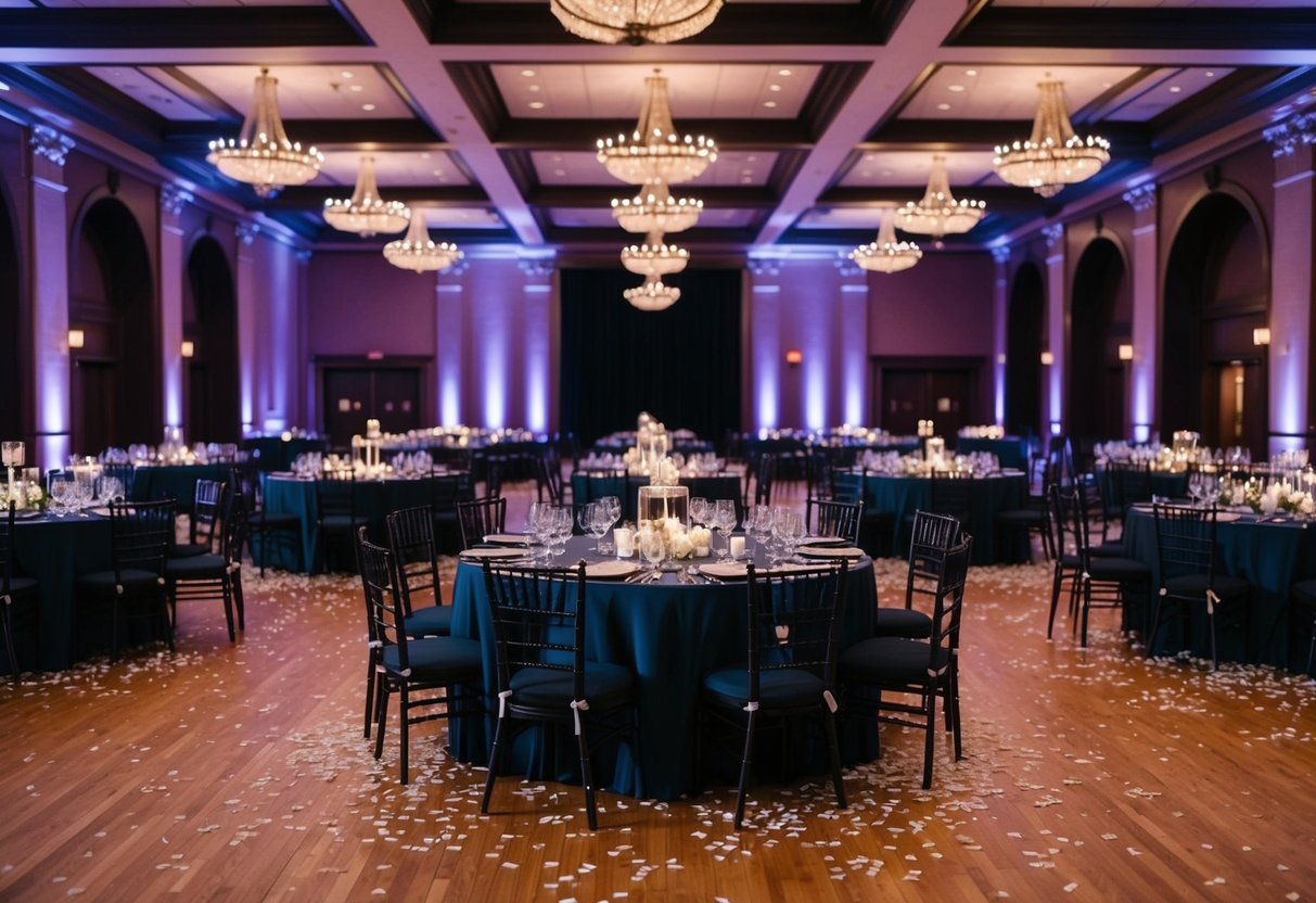 A grand banquet hall with empty tables and scattered confetti, the dimming lights signaling the end of a long wedding reception
