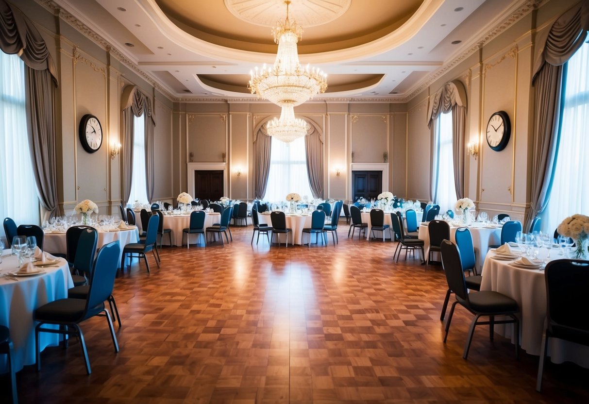 A grand ballroom with elegant decor, filled with tables, chairs, and a dance floor. A clock on the wall shows the passing time