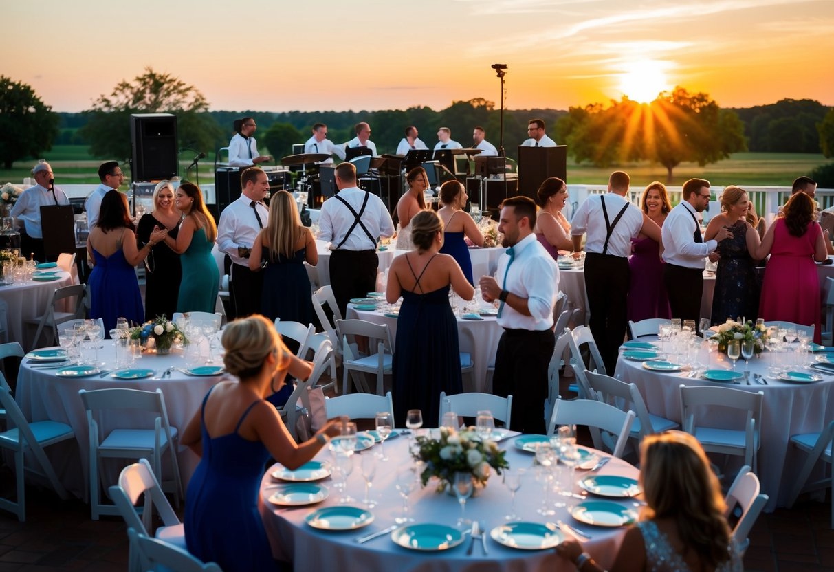 Guests dancing and chatting, tables filled with empty plates and glasses, a band packing up their instruments. The sun sets behind the venue, signaling the end of the wedding reception