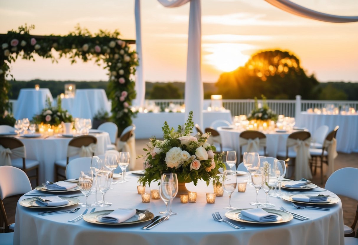 A wedding venue with decorations, flowers, and a beautifully set up reception area, with the sun setting in the background