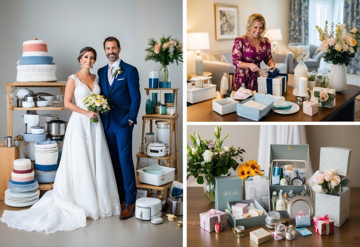A bride and groom stand surrounded by household items for their wedding registry. Nearby, a bride-to-be opens gifts at her shower registry, filled with smaller, more personal items