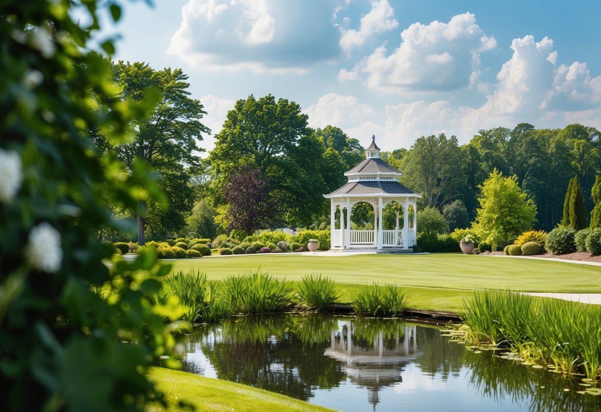 A serene outdoor wedding venue with lush greenery, a picturesque gazebo, and a sparkling pond