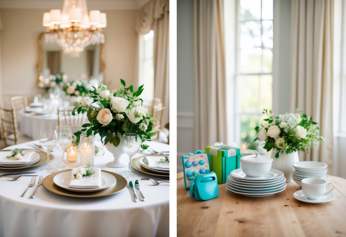 A wedding registry: formal setting, elegant dinnerware, and household items. A shower registry: casual setting, fun kitchen gadgets, and practical gifts