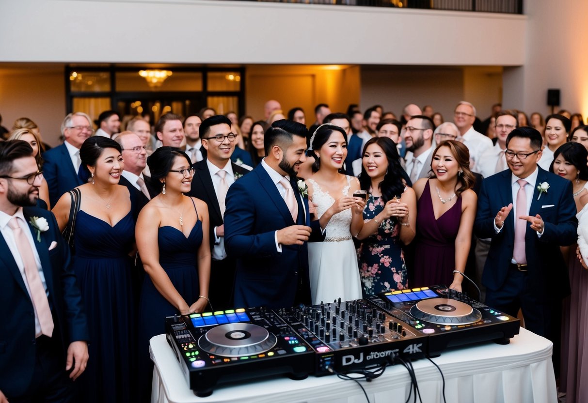 A group of people gather at a wedding reception, eagerly awaiting the entrance of the newlyweds. The DJ prepares to play the perfect song to accompany their grand entrance