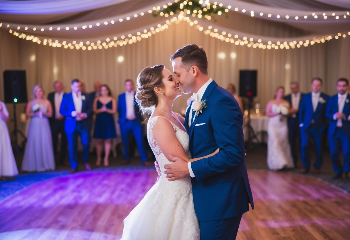 The bride and groom share a tender moment on the dance floor, surrounded by twinkling lights and the soft strains of music