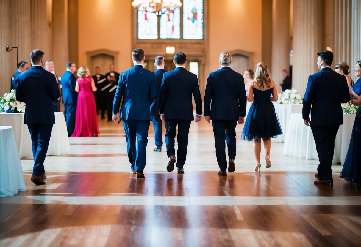 Guests entering a grand reception hall, with a band playing in the background