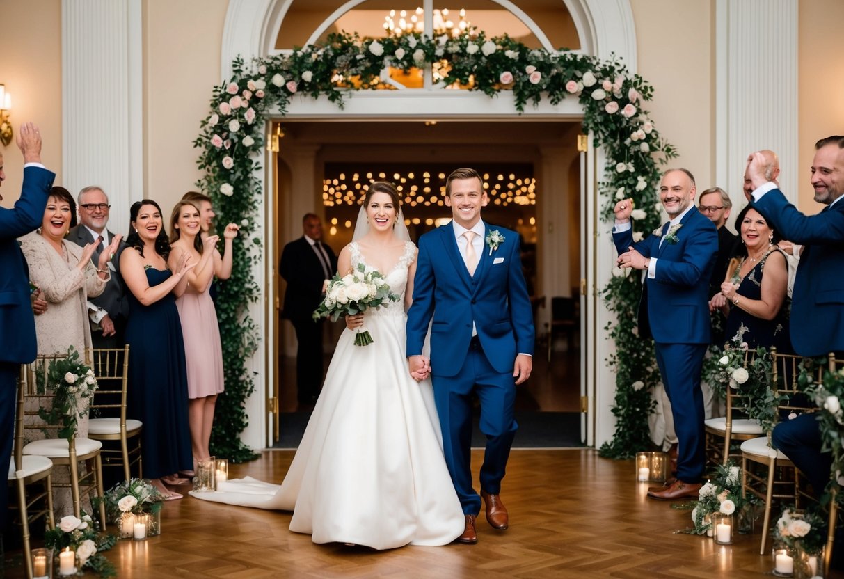 A bride and groom stand at the entrance of a grand reception hall, surrounded by cheering guests and adorned with flowers and decorative lighting