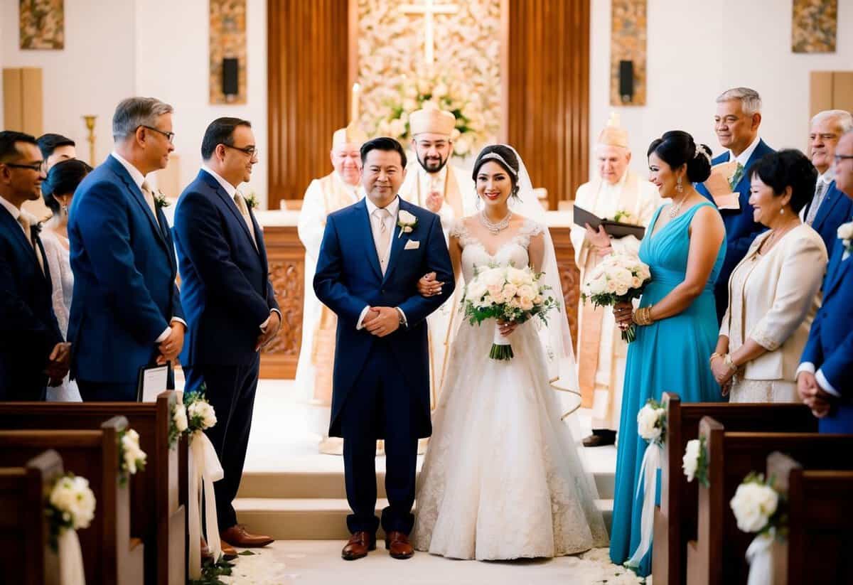 A traditional wedding with a bride and groom standing at the altar, surrounded by family and friends. The parents of the bride are seen contributing financially to the event