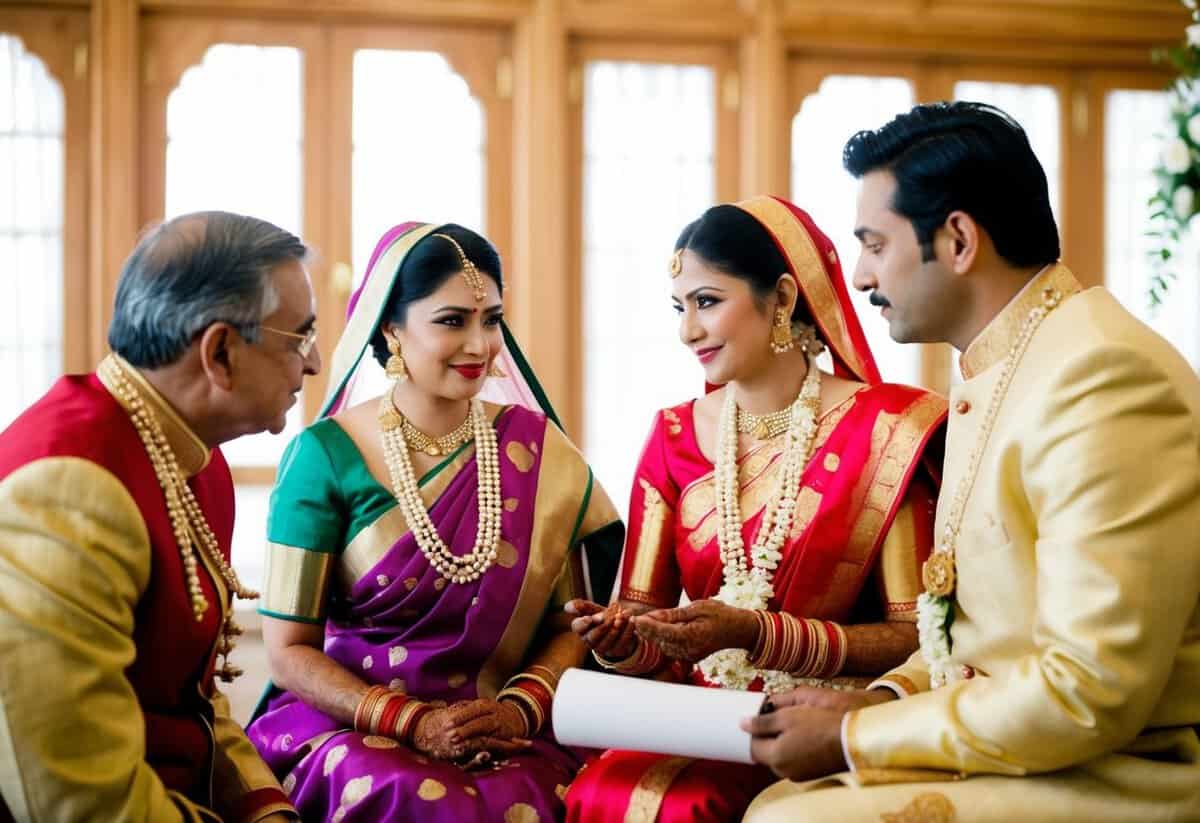 A traditional wedding setting with a bride's parents discussing financial responsibilities with the groom's family