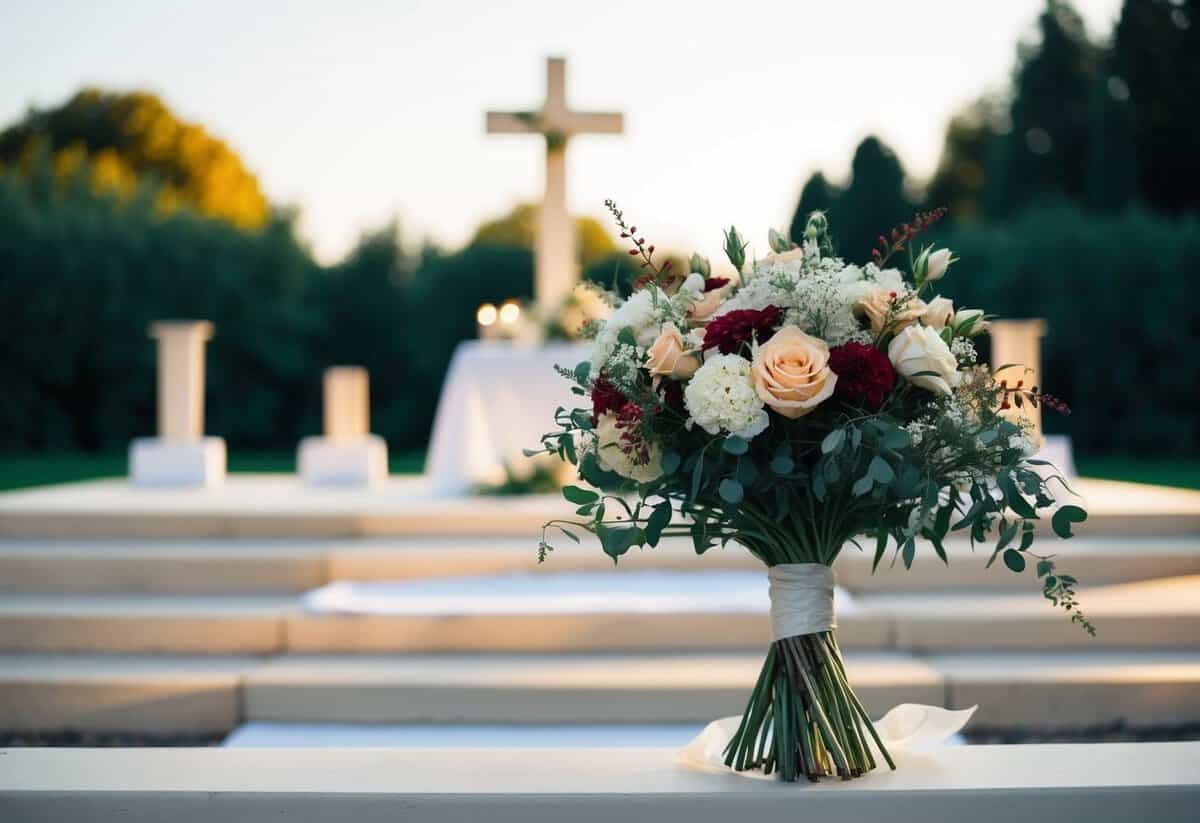 A wilted bouquet of flowers on a deserted wedding altar