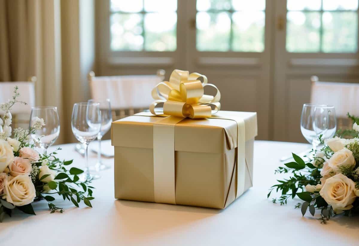 A beautifully wrapped wedding gift sits on a table, surrounded by elegant decorations and flowers