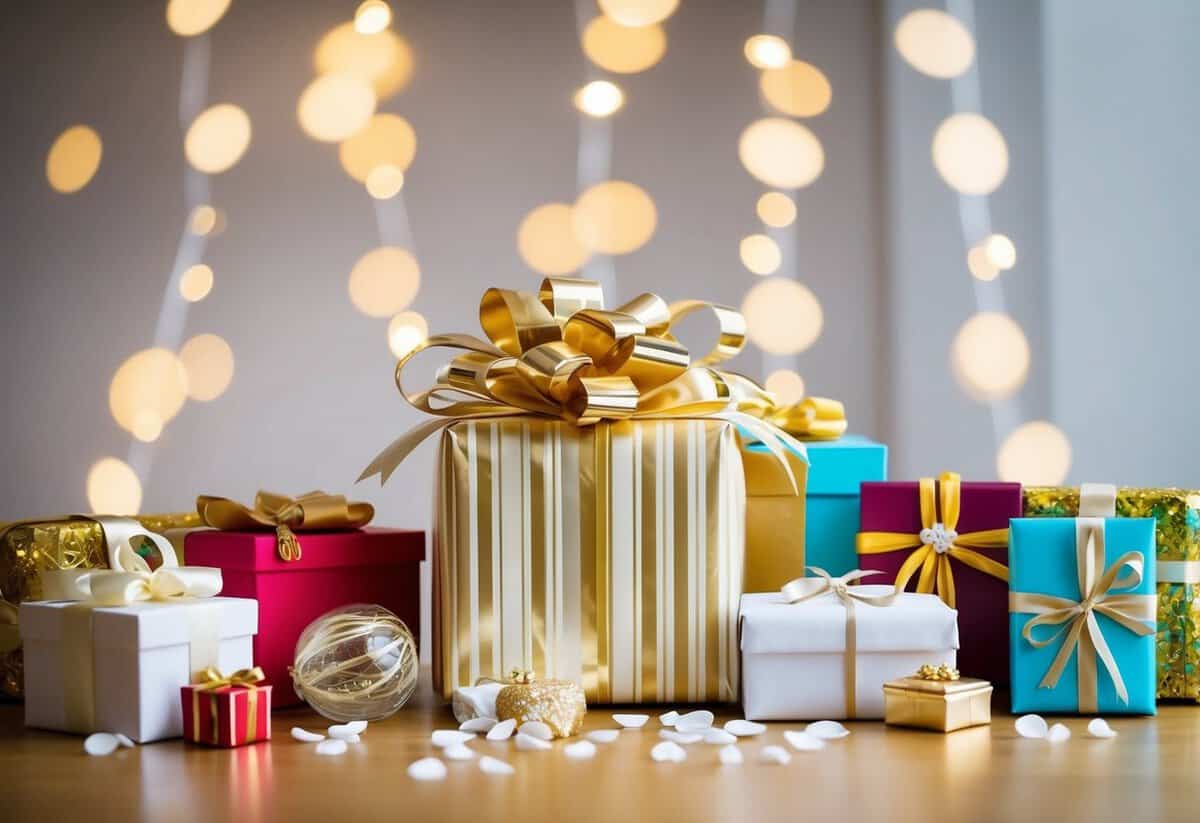 A beautifully wrapped gift box surrounded by various wedding presents, with a mix of traditional and modern items displayed on a table
