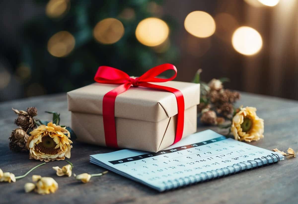 A wrapped gift sitting on a table, surrounded by wilted flowers and a calendar flipped to a past date
