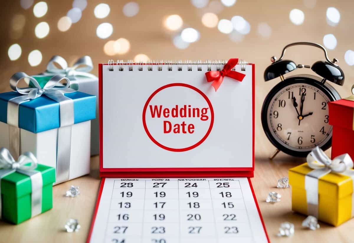 A calendar with a wedding date circled in red, surrounded by various gift options and a clock showing the time ticking closer to the event