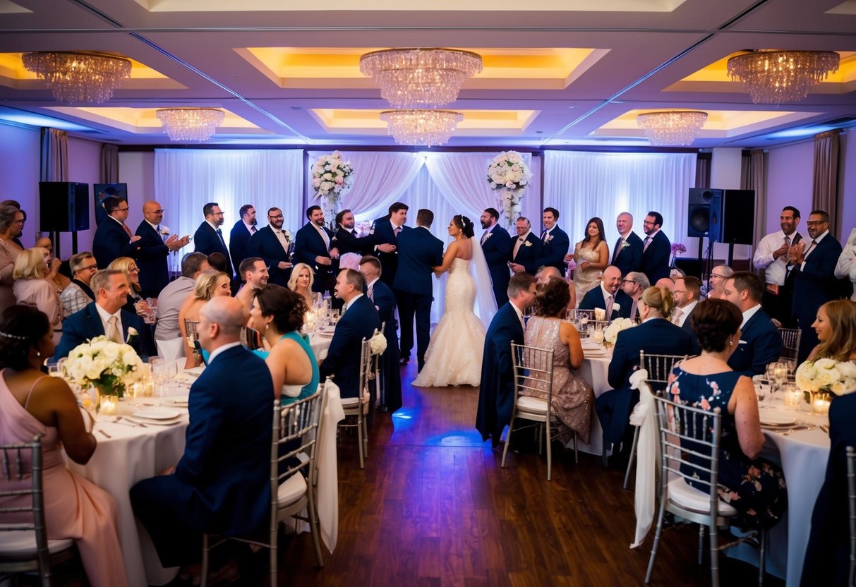 A celebratory gathering after a wedding ceremony, with tables, chairs, decorations, and a dance floor