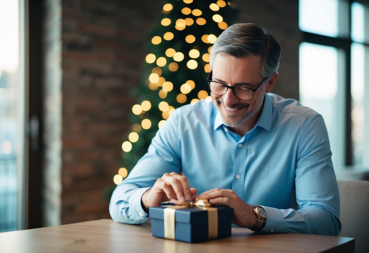 A father opens a small, elegantly wrapped box and smiles as he examines the thoughtful gift inside