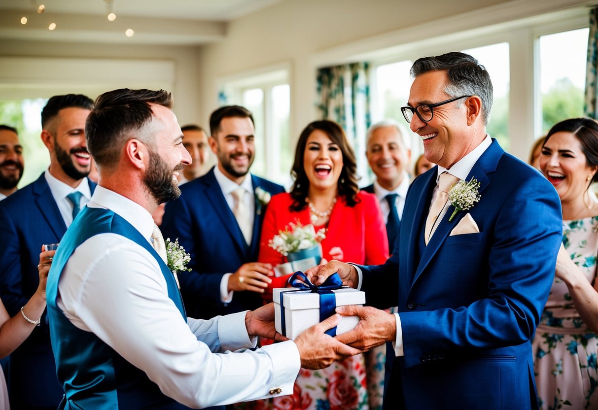 A father of the groom receiving a thoughtful gift from the newlyweds, surrounded by joyful family and friends