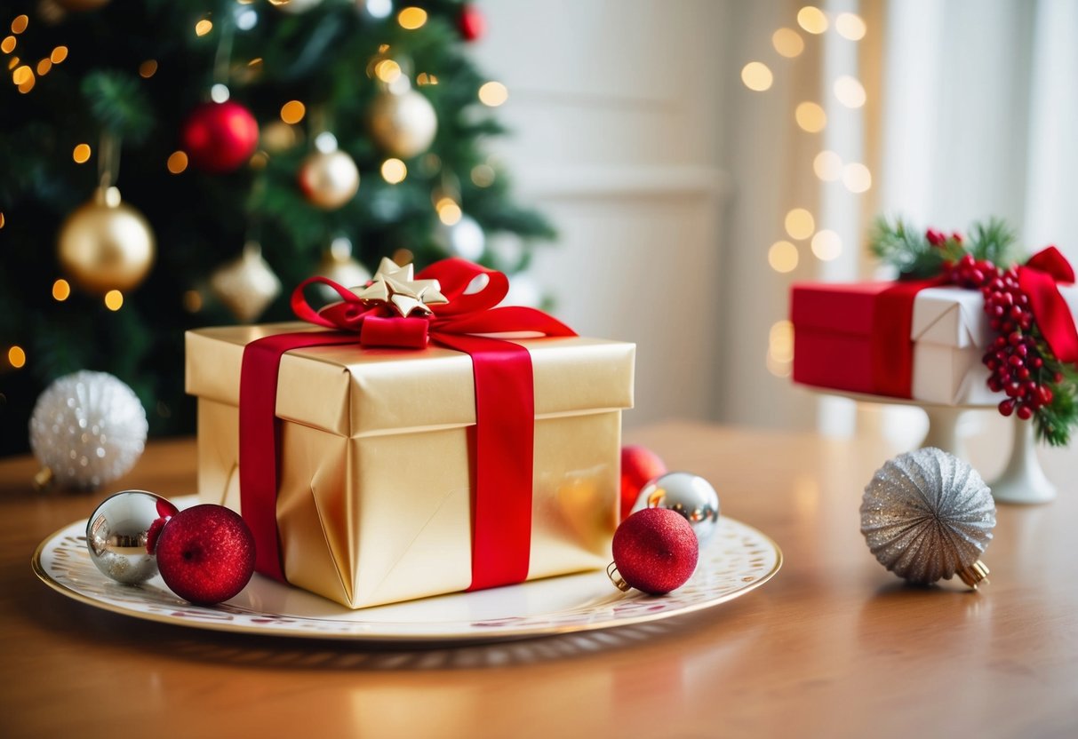 A beautifully wrapped gift box sits on a table, surrounded by elegant decorations and a festive atmosphere