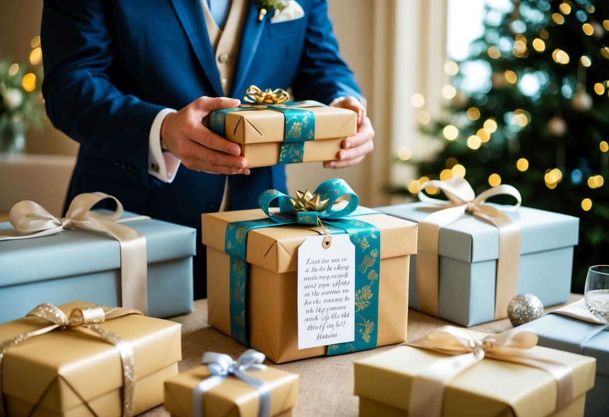 A father of the groom receives a beautifully wrapped gift box with a personalized message, surrounded by elegant packaging and a festive atmosphere