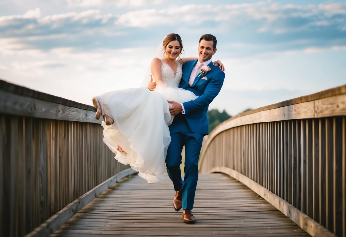 The groom carries the bride over a wooden bridge