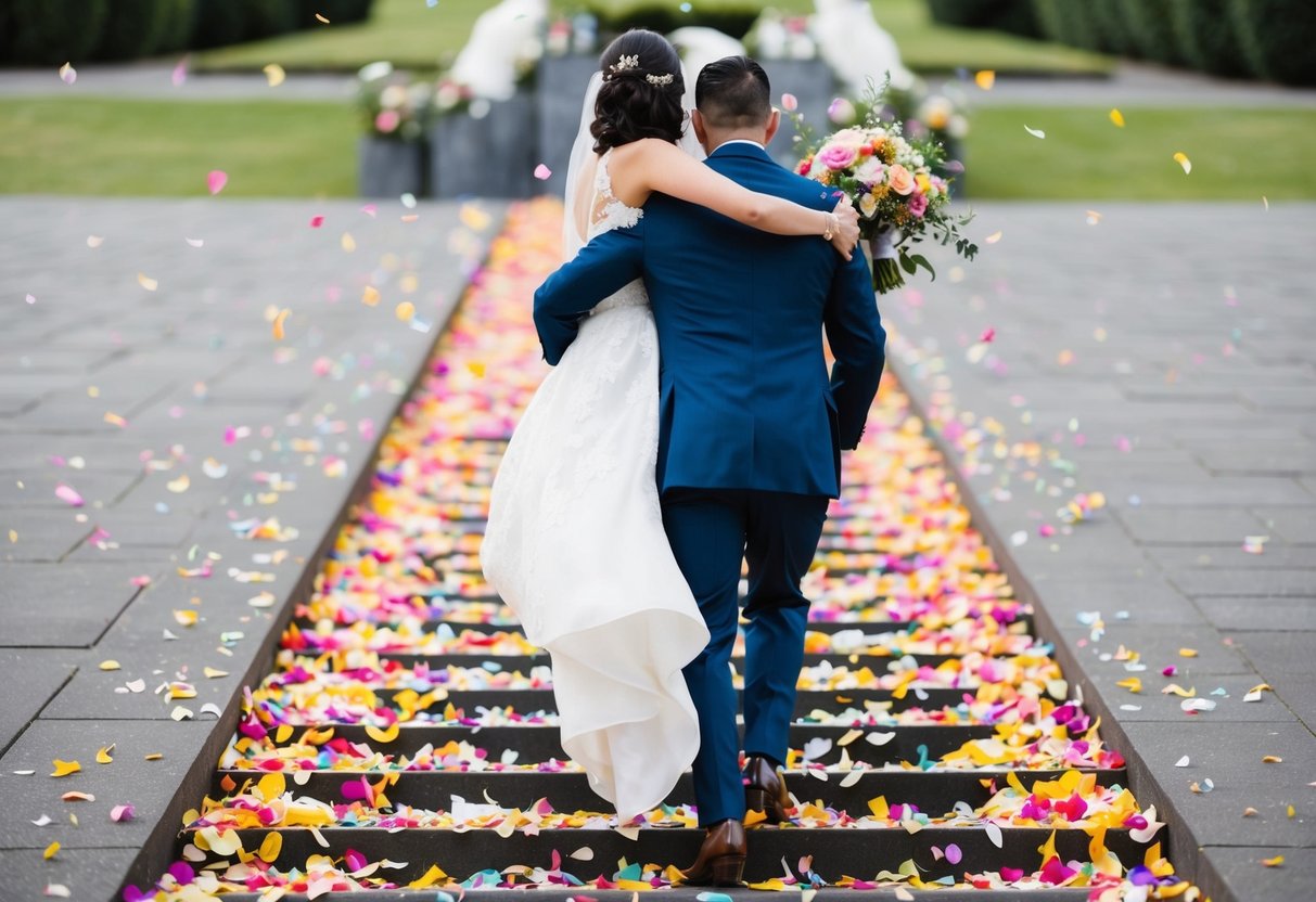 The groom carries the bride over a threshold of colorful flower petals and scattered confetti