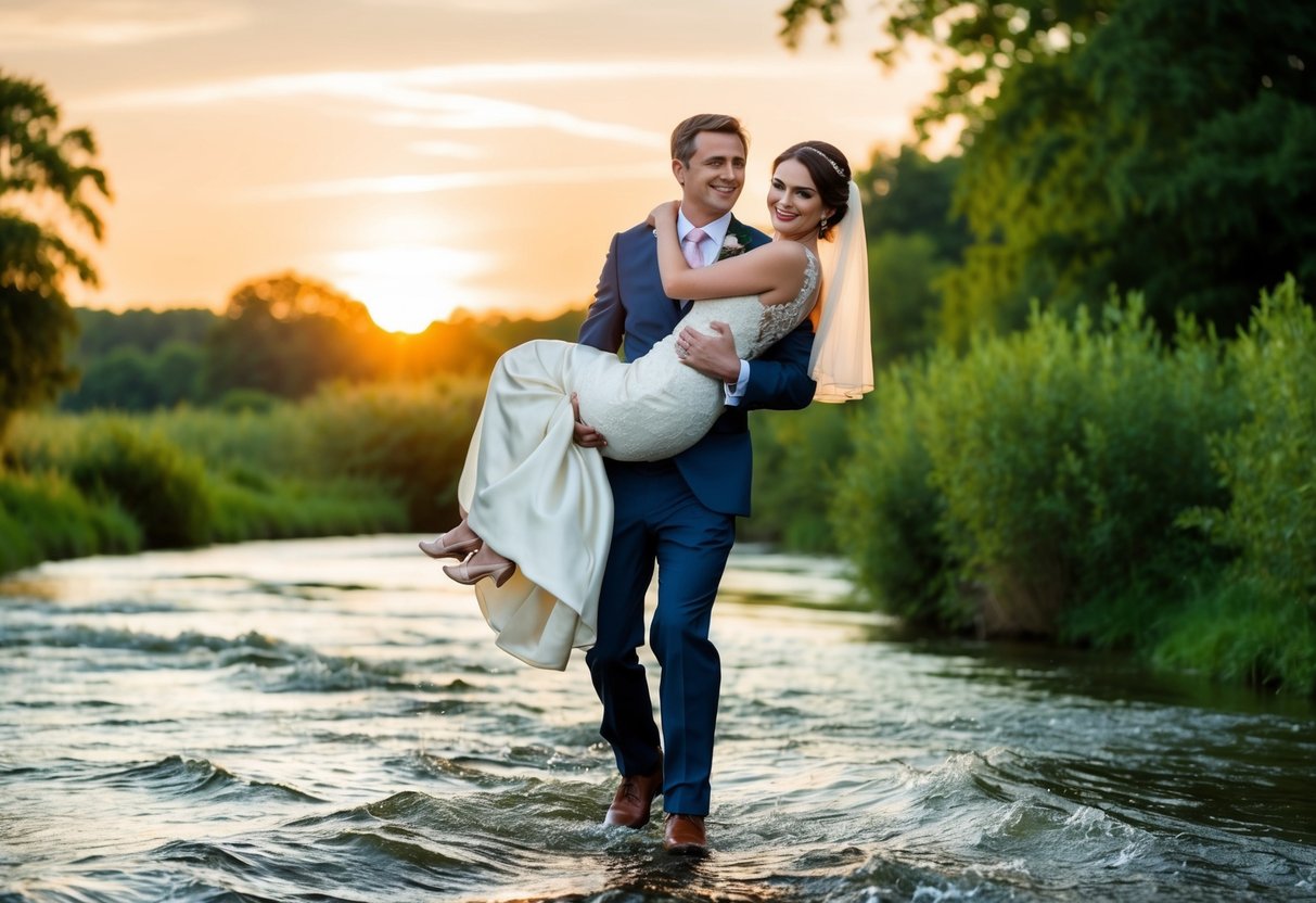 The groom carries the bride over a flowing river, with lush greenery and a warm sunset in the background