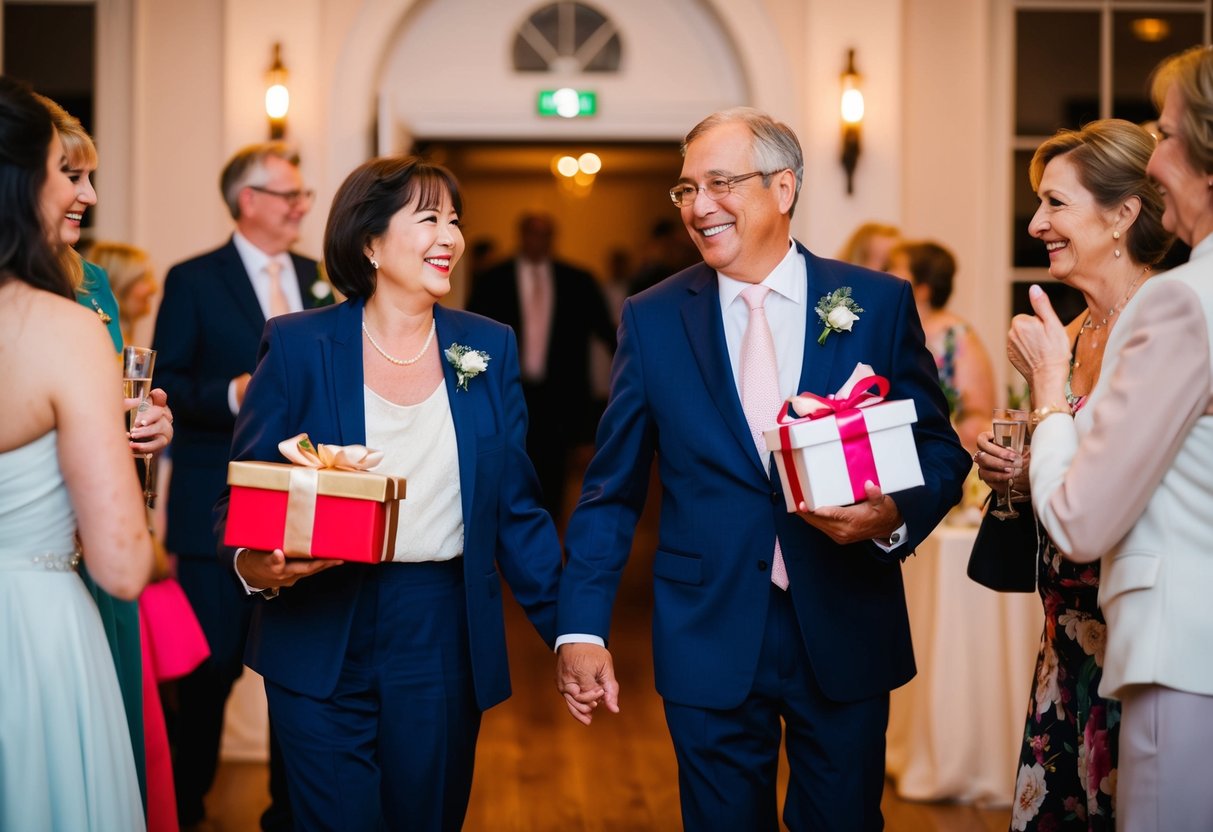 Parents enter wedding reception, smiling and chatting, carrying gifts and greeting other guests