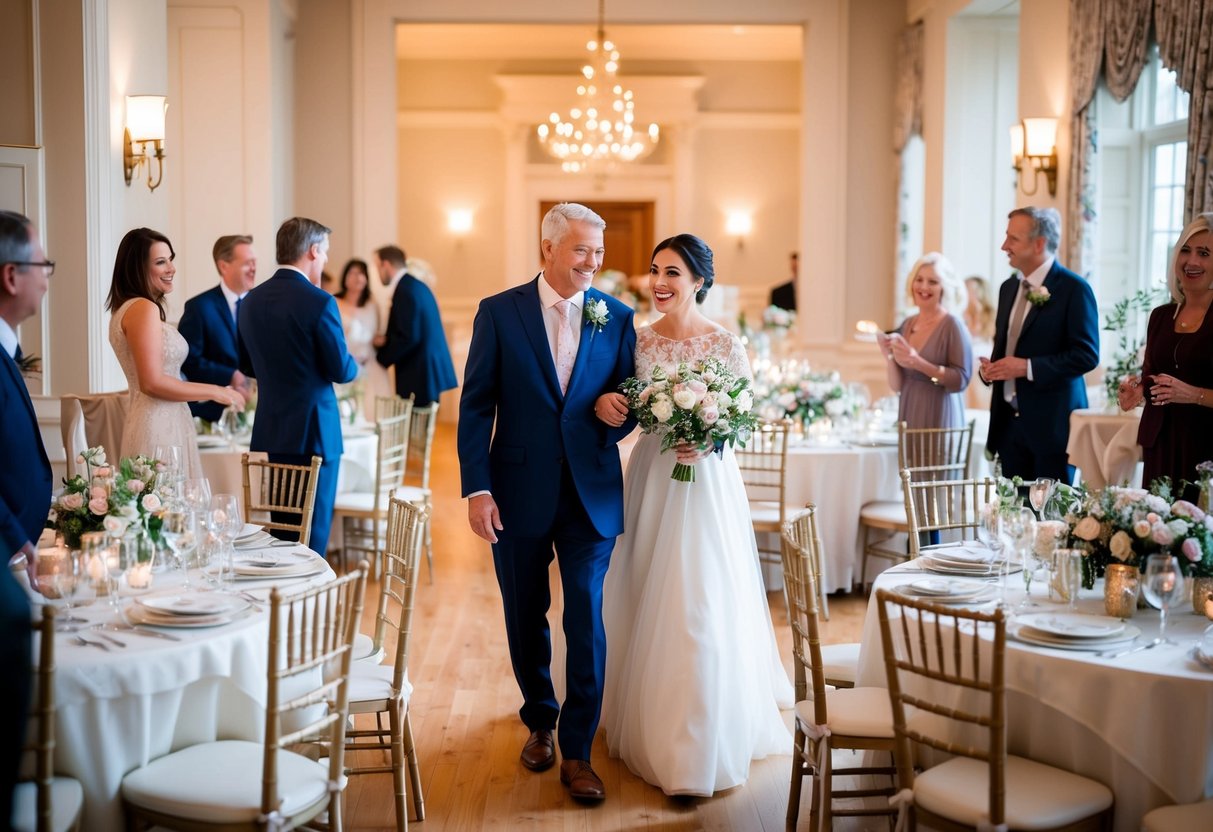 Parents enter reception hall, greeted by elegant decor and soft lighting. Tables adorned with floral centerpieces and delicate place settings. A joyful atmosphere fills the room