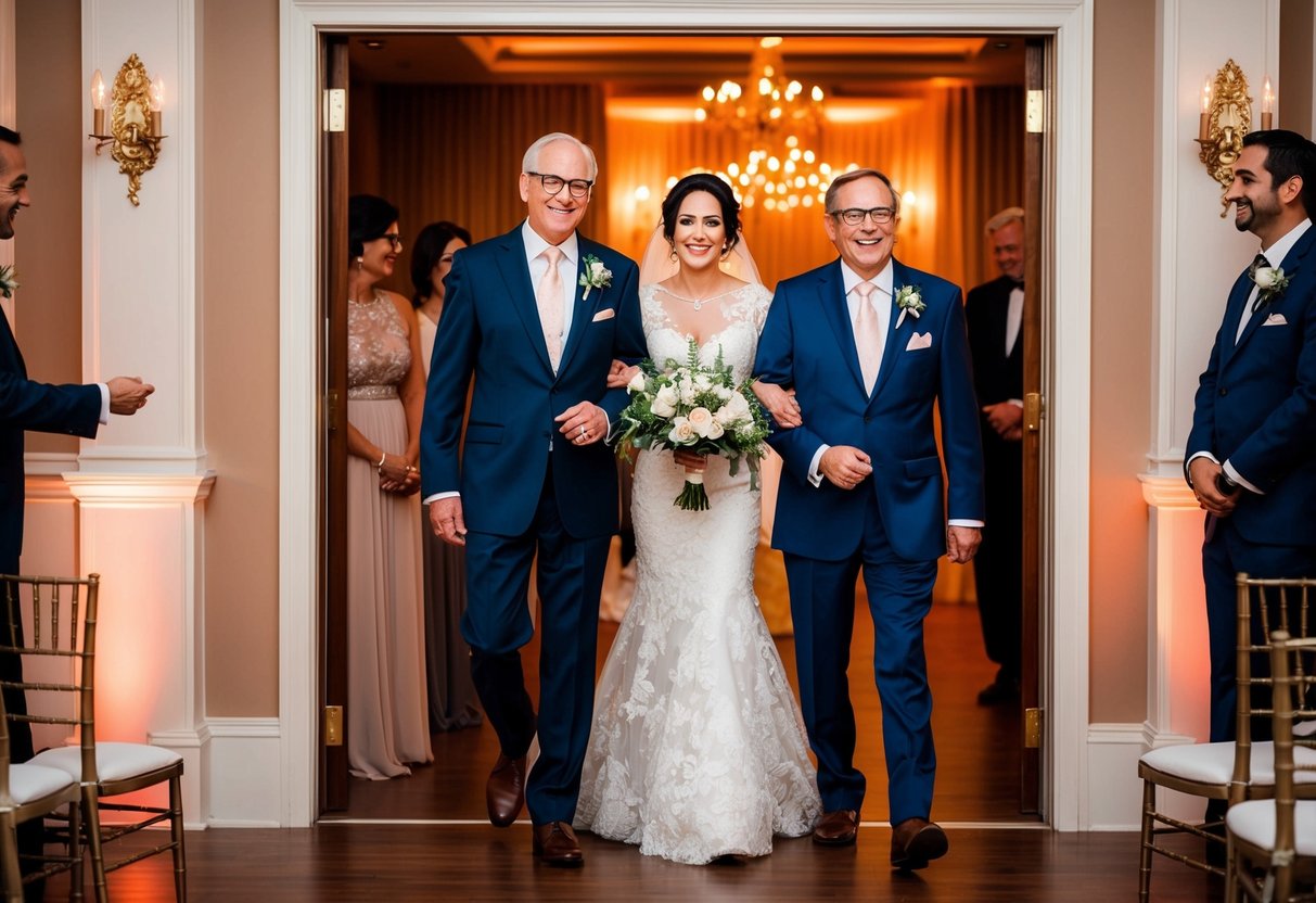 Parents enter wedding reception, greeted by elegant decor and warm lighting. Staff welcome with smiles and guide to seating area