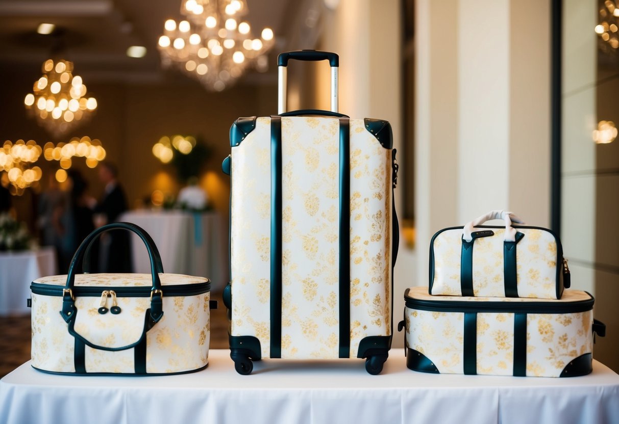 A beautifully wrapped suitcase and a set of matching travel bags displayed on a wedding registry table