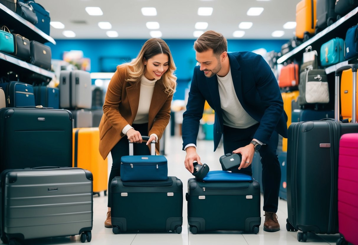 A couple carefully selecting and scanning luggage items at a store, surrounded by a variety of travel accessories and suitcases
