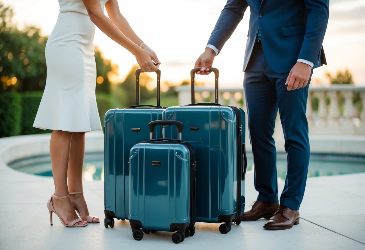 A couple's hands adding a set of sleek, matching luggage to their wedding registry