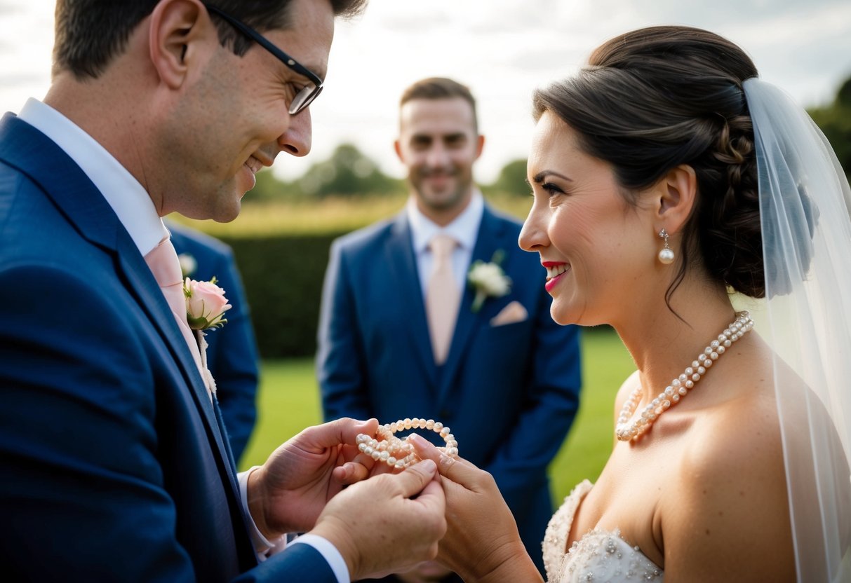 The groom's mother presents a delicate pearl necklace to the bride