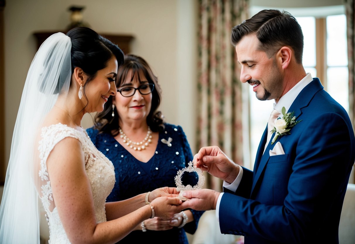 The groom's mother presents the bride with a delicate family heirloom, symbolizing the passing down of traditions and the welcoming of the bride into the family