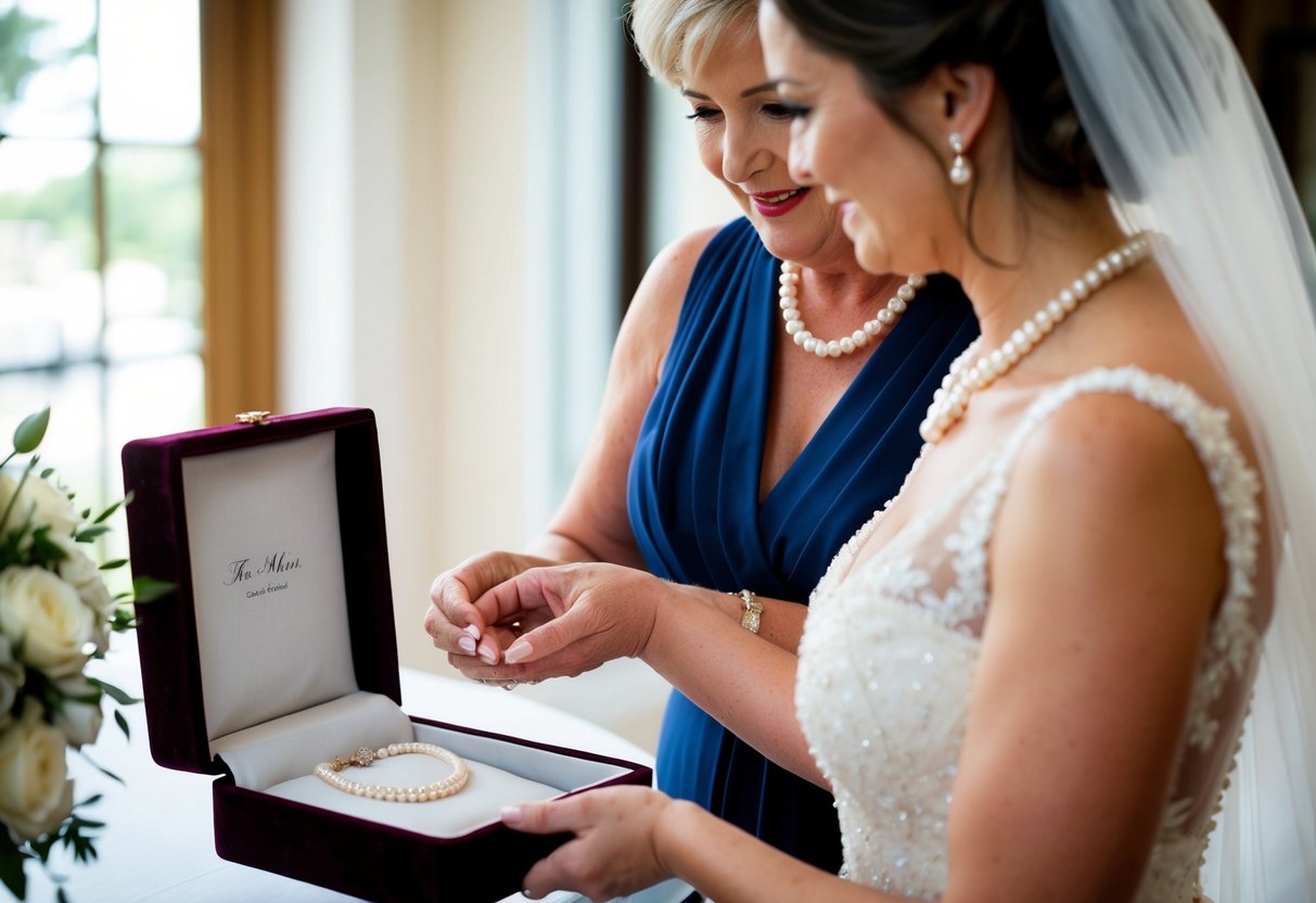 The groom's mother presents the bride with a delicate pearl necklace in a velvet-lined jewelry box
