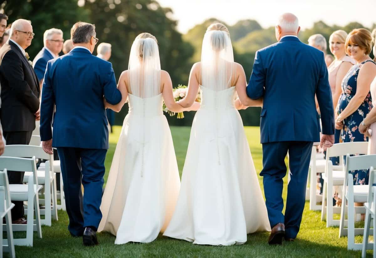 The two sets of parents walk down the aisle simultaneously, side by side