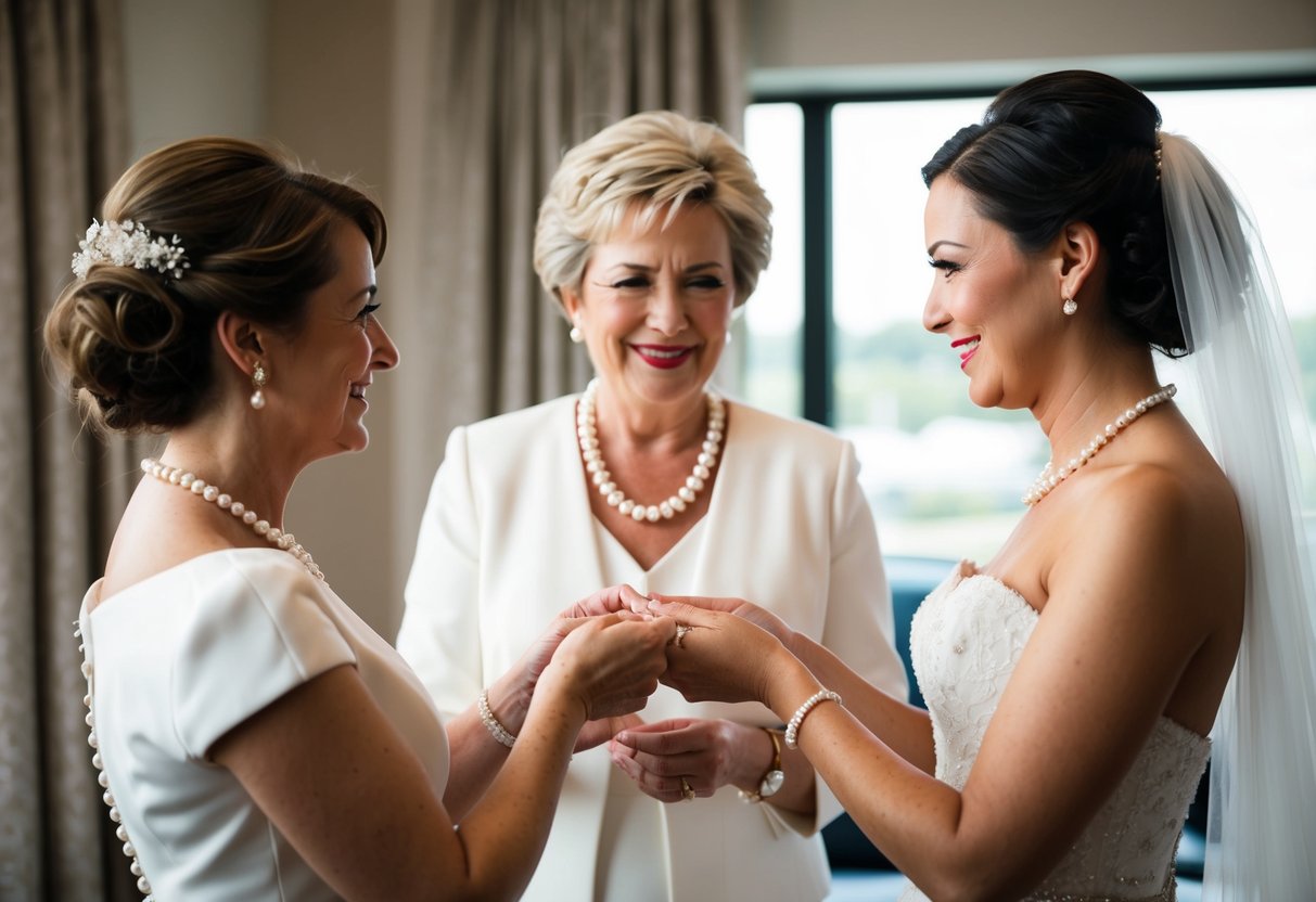 The groom's mother presents the bride with a delicate pearl necklace, symbolizing her acceptance into the family