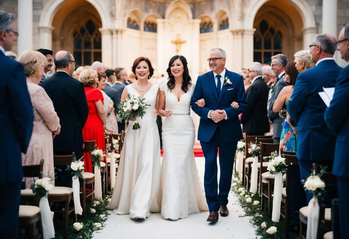 Parents walk down the aisle together, accompanied by music. Timing is crucial as they move gracefully toward the altar