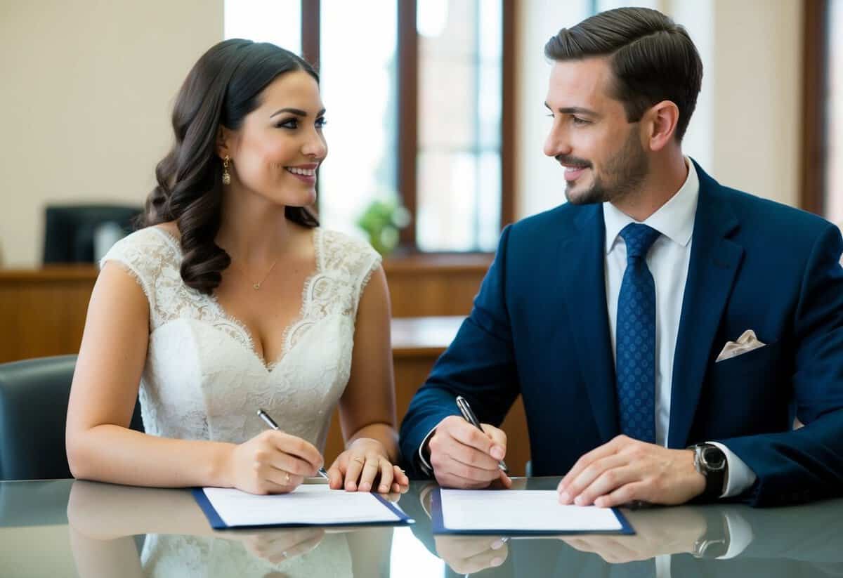 A couple sits opposite the registrar, answering questions and signing forms at the marriage license office