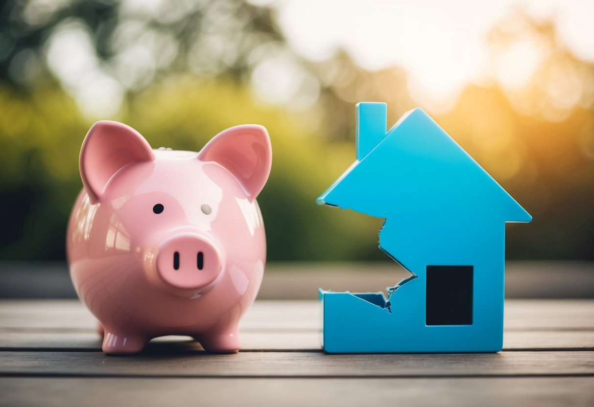 A wedding budget being split between two separate households, symbolized by a broken heart-shaped piggy bank