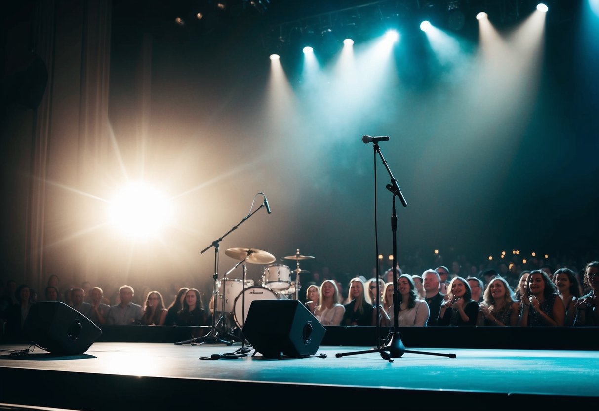 A spotlight shines on a grand stage, with a microphone stand and instruments waiting to be played. The air is filled with anticipation as the audience eagerly awaits the first notes of the entrance song