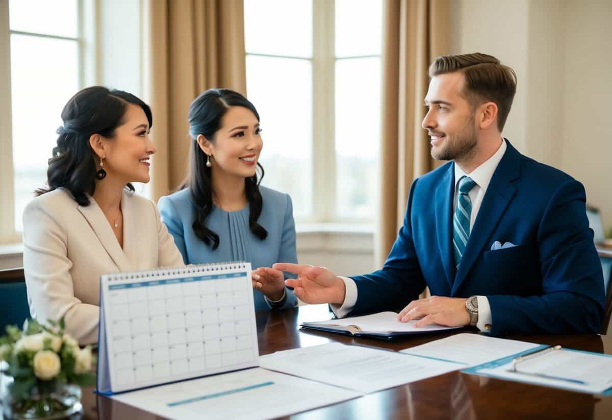 A registrar sits at a desk, asking questions to a couple. A calendar and wedding planning documents are spread out in front of them