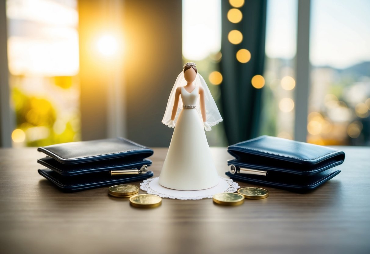 A wedding budget being divided between two separate households, symbolized by two separate wallets with the bride in the middle