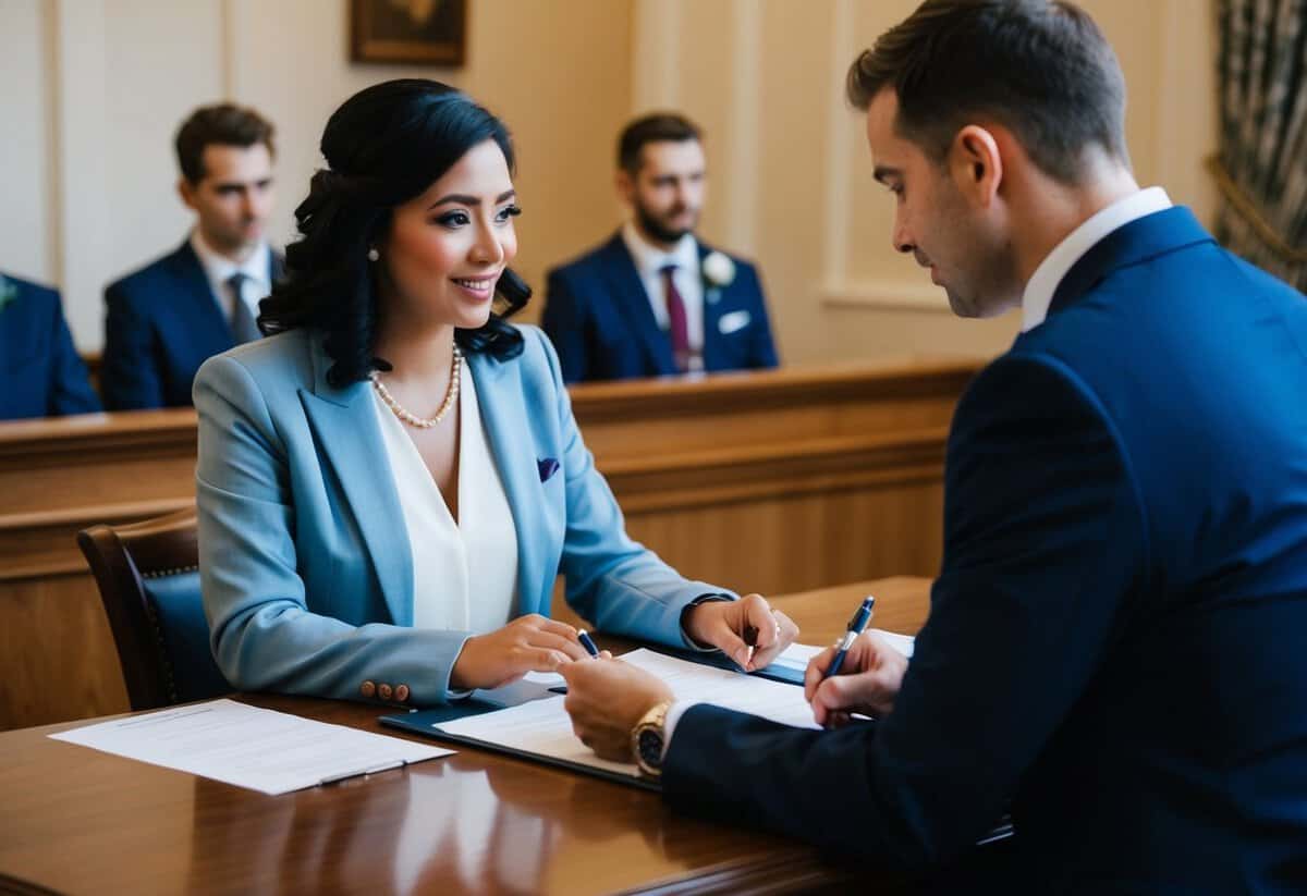 A registrar sitting behind a desk, asking a couple questions and filling out paperwork before their wedding ceremony